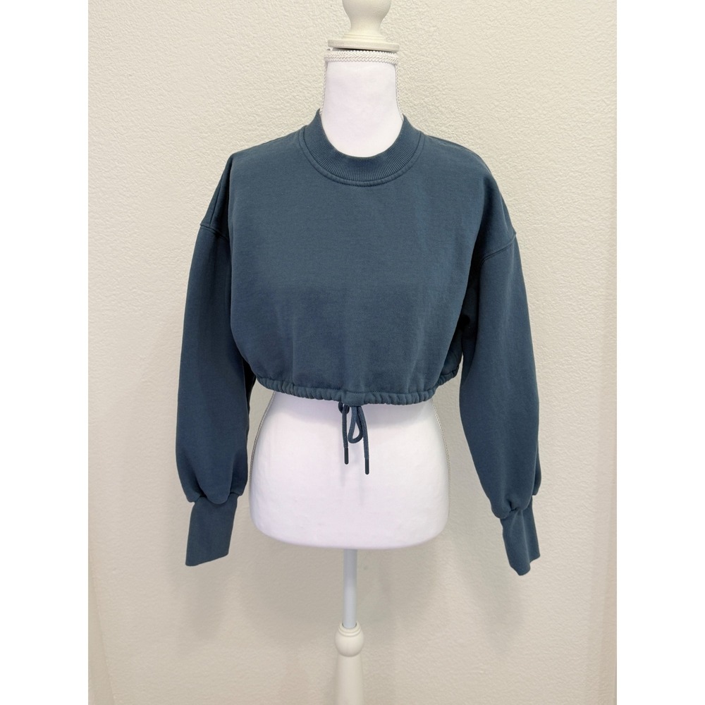 Zara Women Blue Cropped Drawstring Hem Fleece Sweatshirt‎ Pullover Medium